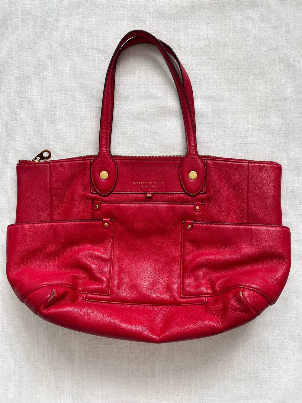Marc by Marc Jacobs Vibrant Red Leather Shoulder Bag with 3 Exterior Pockets